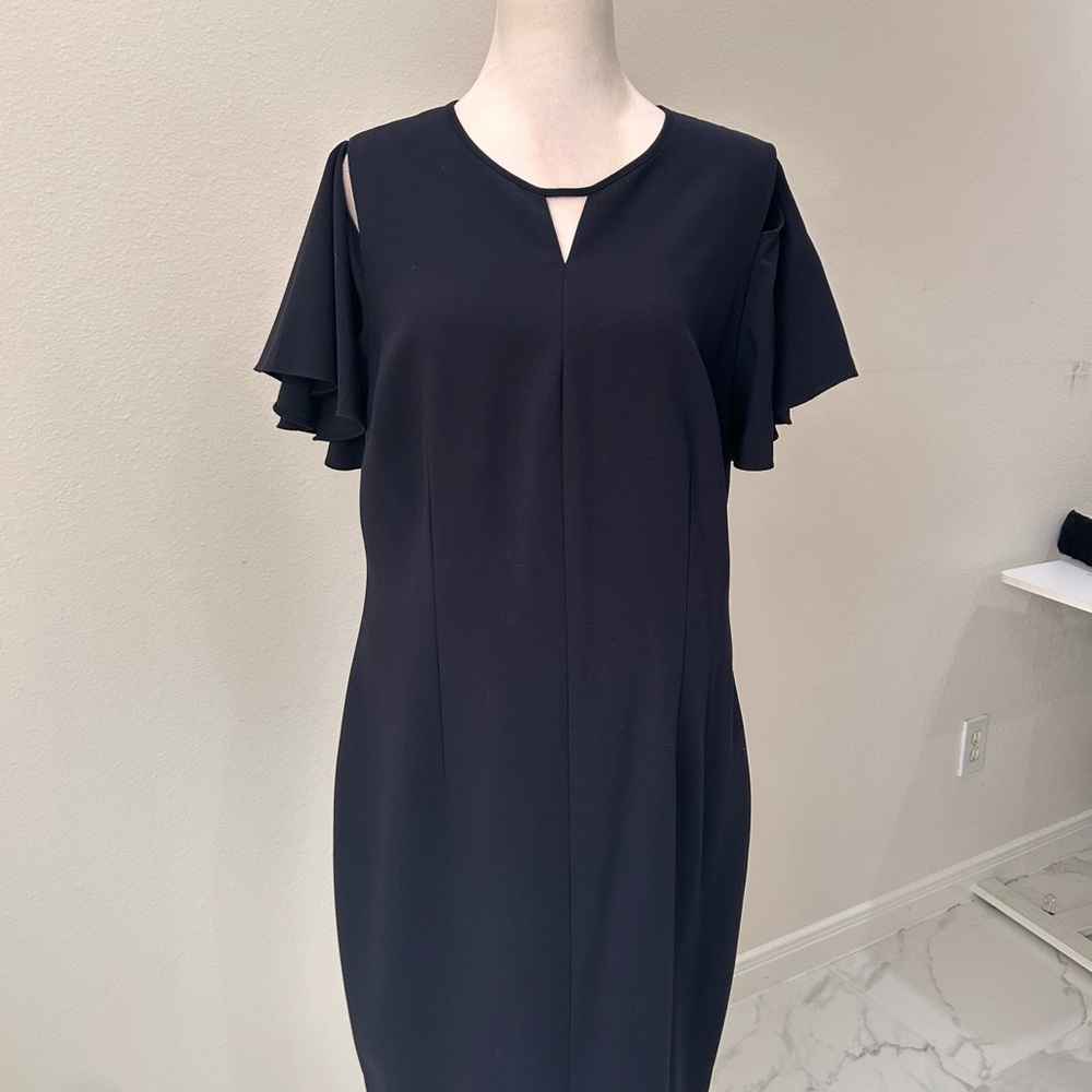 T Tahari flutter open cut sleeve navy blue dress, size 14